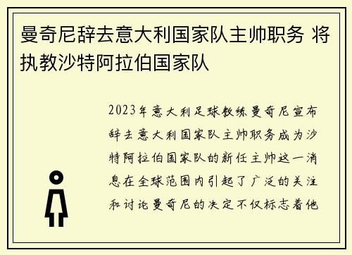 曼奇尼辞去意大利国家队主帅职务 将执教沙特阿拉伯国家队